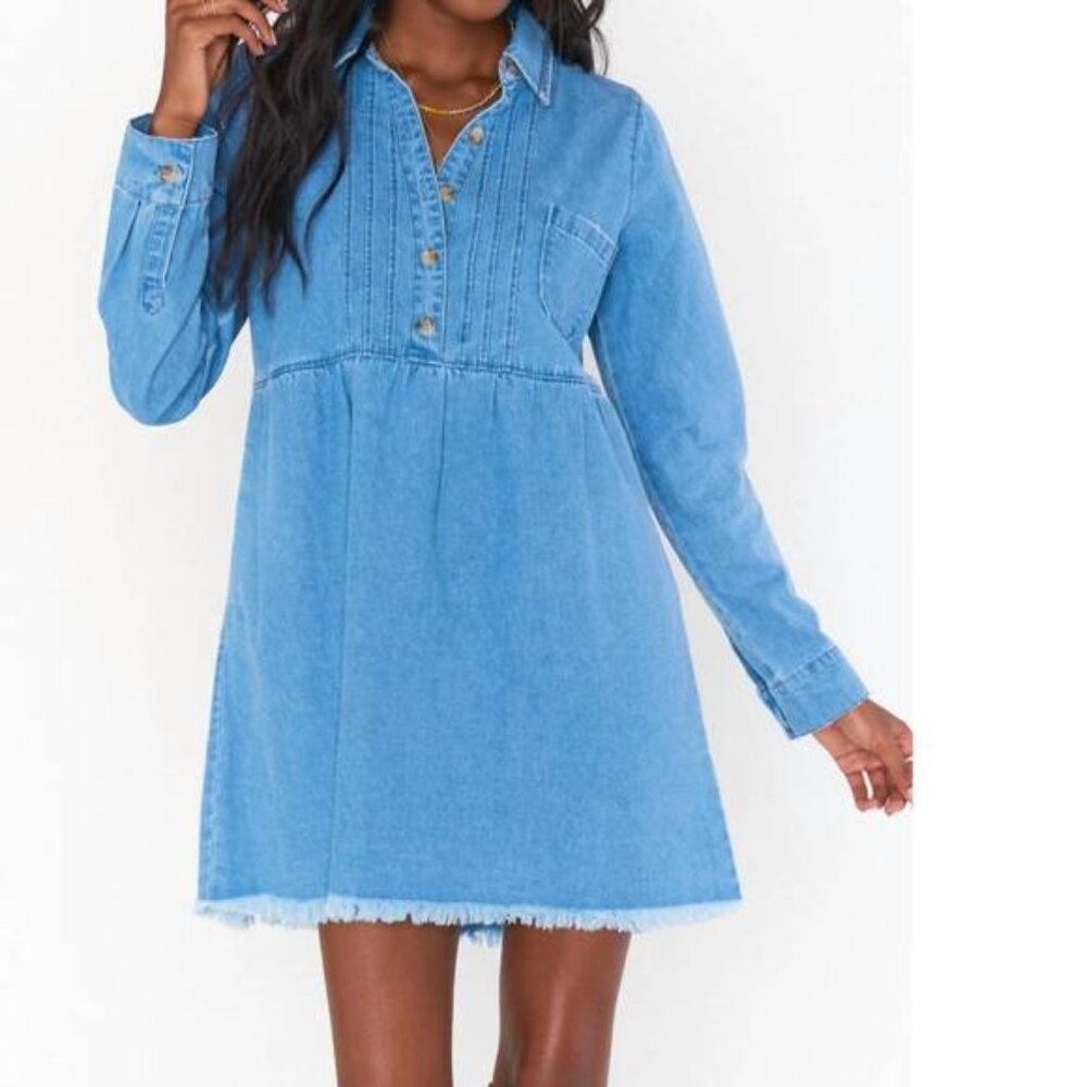 New Show Me Your Mumu Louisiana Denim Blue Dress Pockets 100% Cotton, Size M